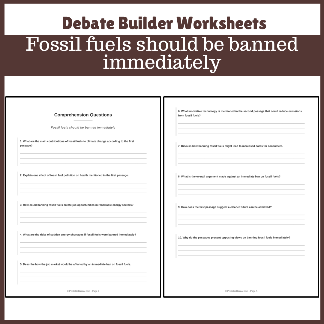 Fossil fuels should be banned immediately | Favour and Against Worksheet Printable Activity
