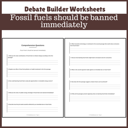 Fossil fuels should be banned immediately | Favour and Against Worksheet Printable Activity