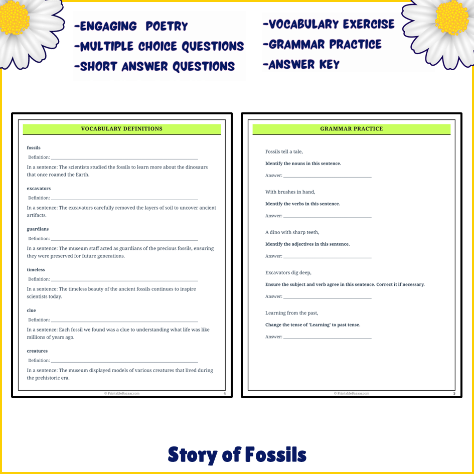 Story of Fossils | Poem Grammar Worksheet Printable Activity