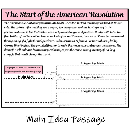 The Start of the American Revolution | Main Idea and Supporting Details Reading Passage and Questions