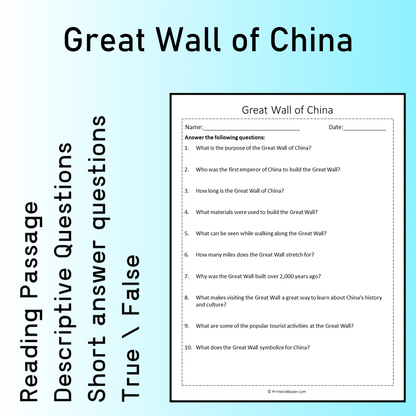 Great Wall of China | Reading Comprehension Passage Printable Worksheet