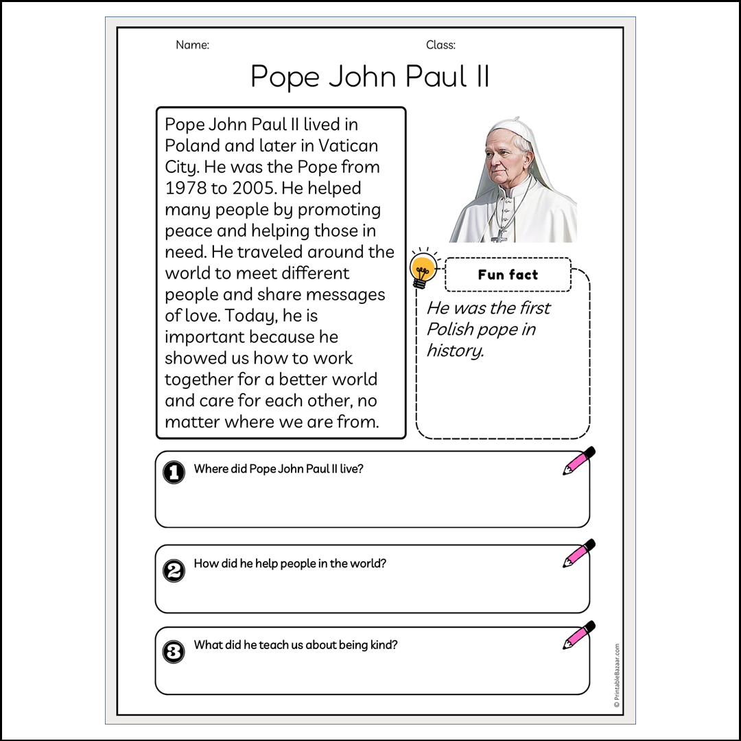 Pope John Paul II | Reading Passage Comprehension Questions Writing Facts Worksheet