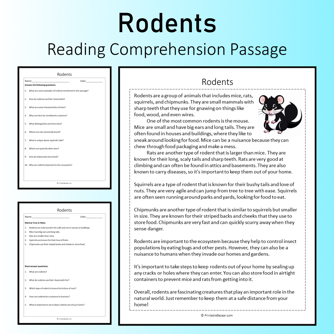 Rodents | Reading Comprehension Passage Printable Worksheet