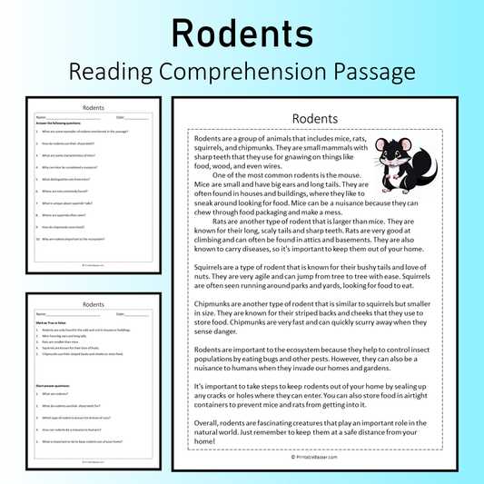 Rodents | Reading Comprehension Passage Printable Worksheet