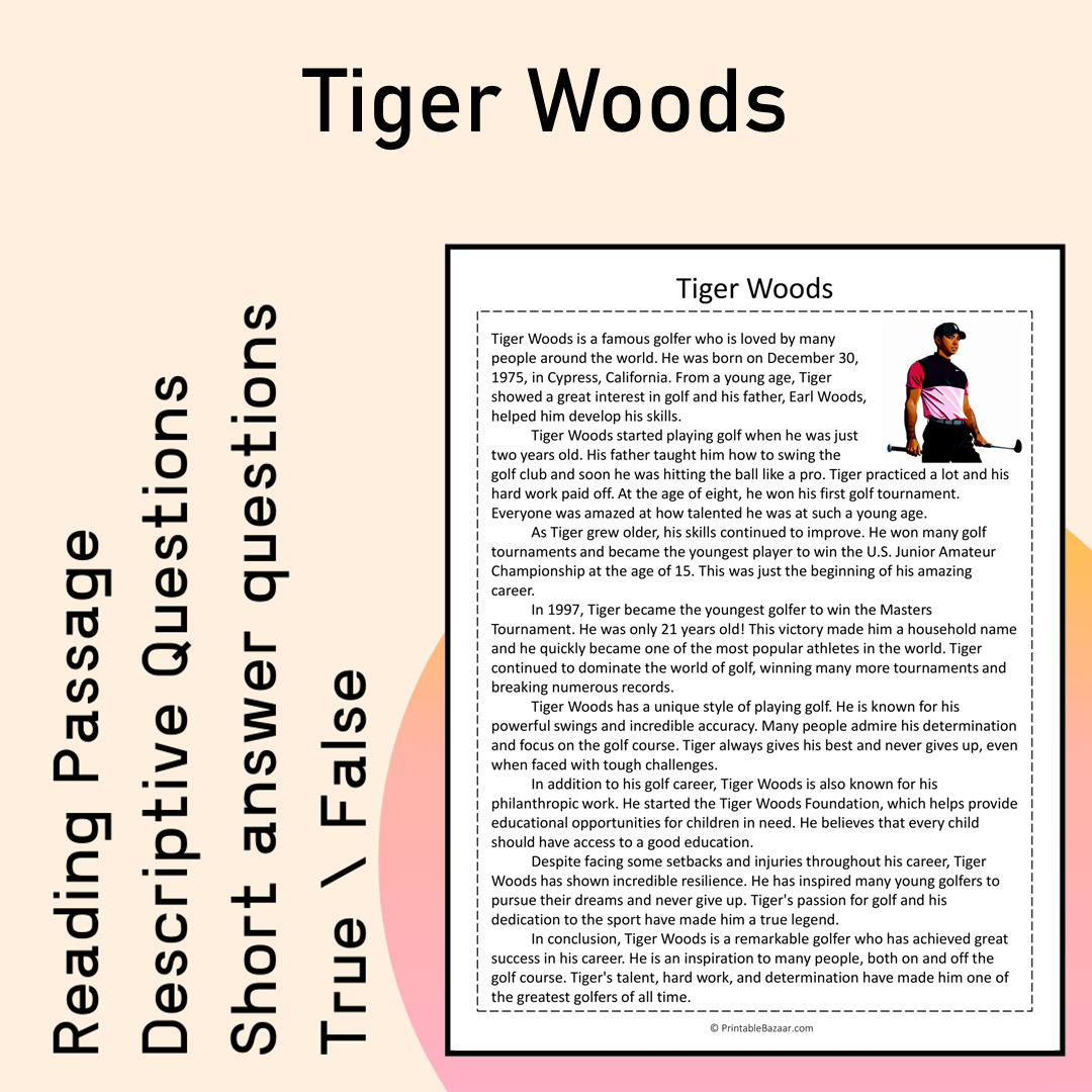 Tiger Woods | Reading Comprehension Passage Printable Activity