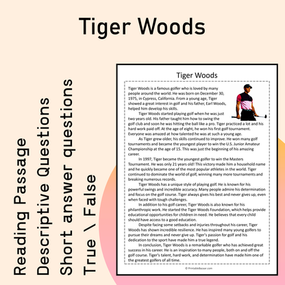 Tiger Woods | Reading Comprehension Passage Printable Activity