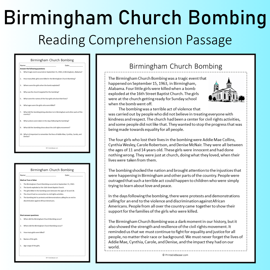 Birmingham Church Bombing | Reading Comprehension Passage Printable Worksheet