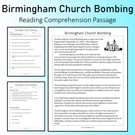 Birmingham Church Bombing | Reading Comprehension Passage Printable Worksheet