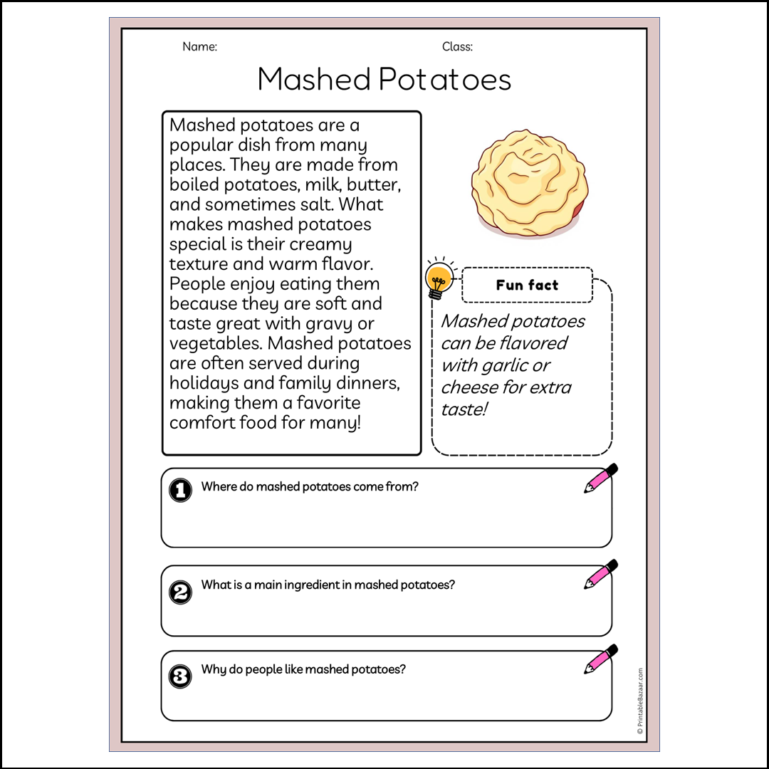 Mashed Potatoes | Reading Passage Comprehension Questions Writing Facts Worksheet