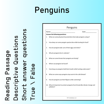 Penguins | Reading Comprehension Passage Printable Worksheet