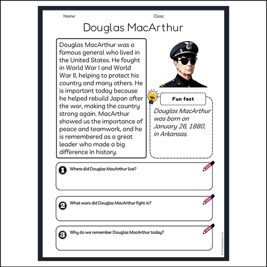 Douglas MacArthur | Reading Passage Comprehension Questions Writing Facts Worksheet