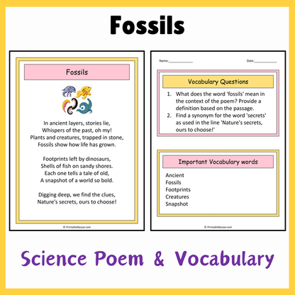 Fossils | Science Poem Reading Comprehension Activity