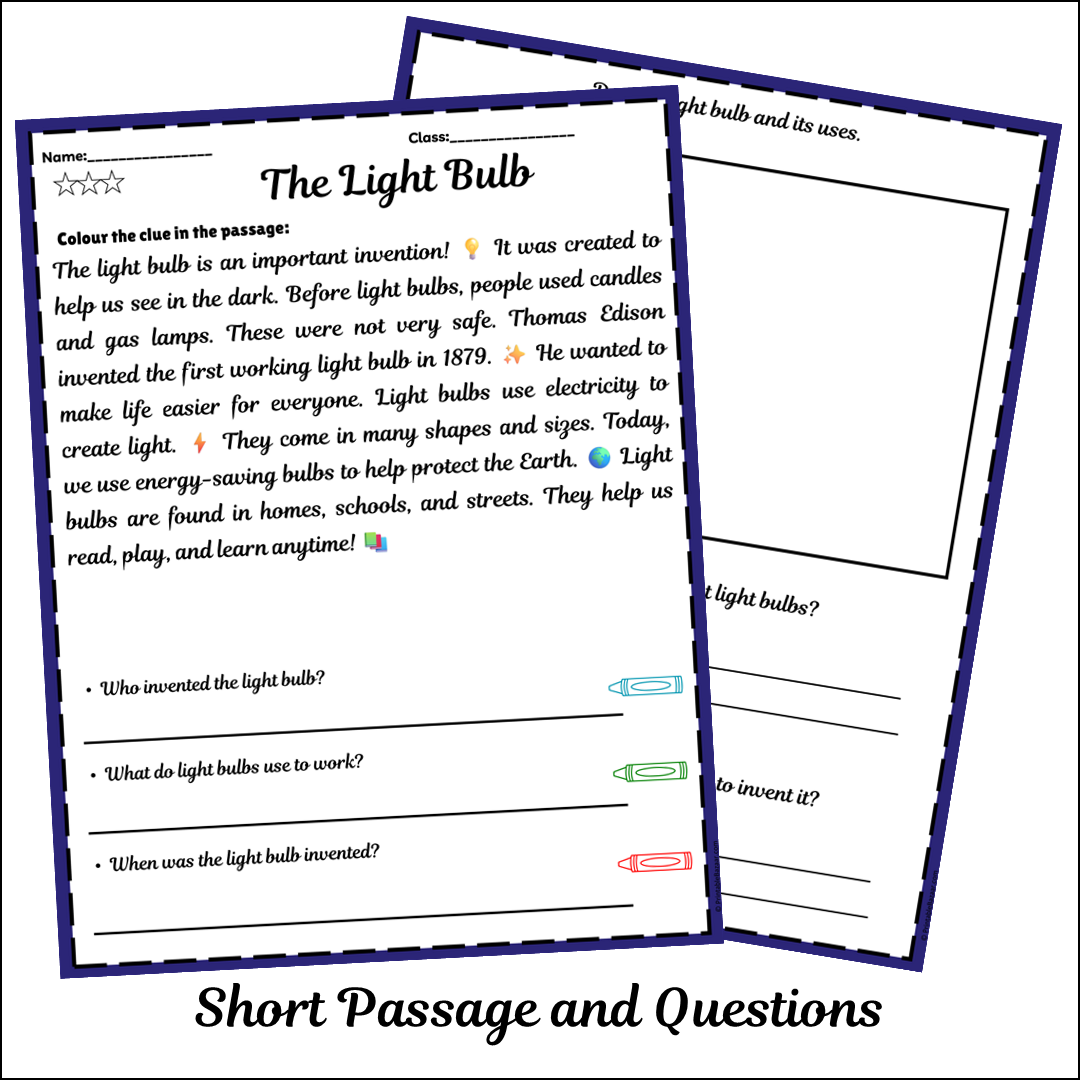 The Light Bulb | Short Reading Comprehension Creative Worksheet