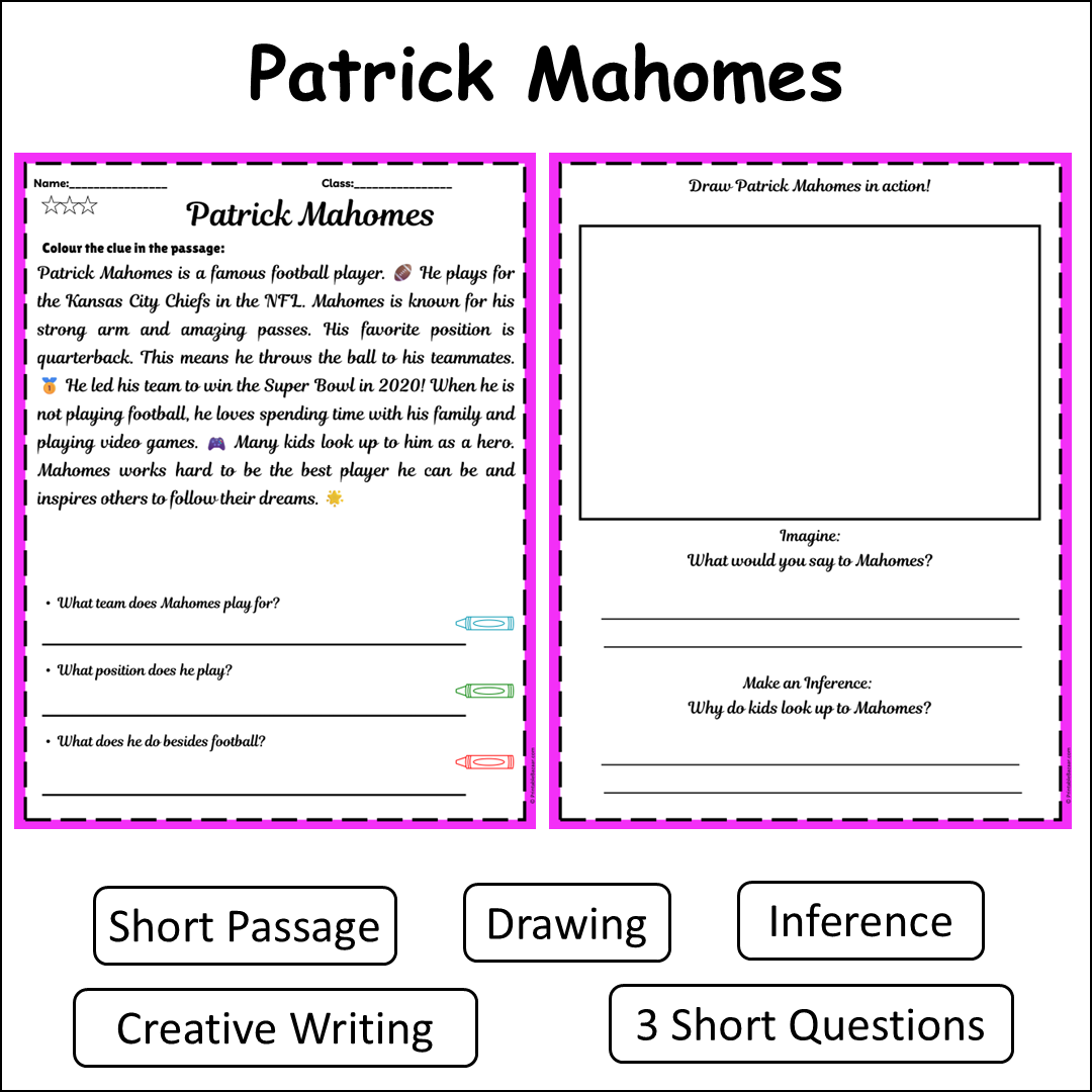 Patrick Mahomes | Short Reading Comprehension Creative Worksheet