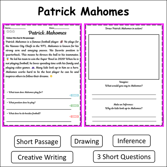 Patrick Mahomes | Short Reading Comprehension Creative Worksheet