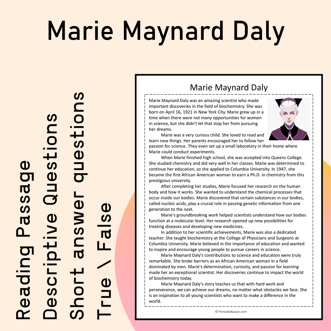 Marie Maynard Daly | Reading Comprehension Passage Printable Activity