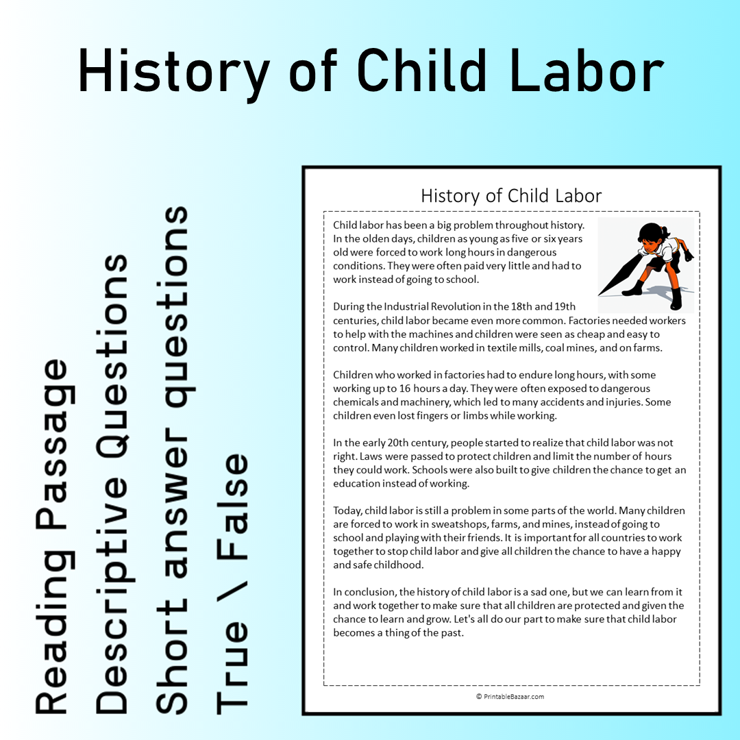 History of Child Labor | Reading Comprehension Passage Printable Worksheet