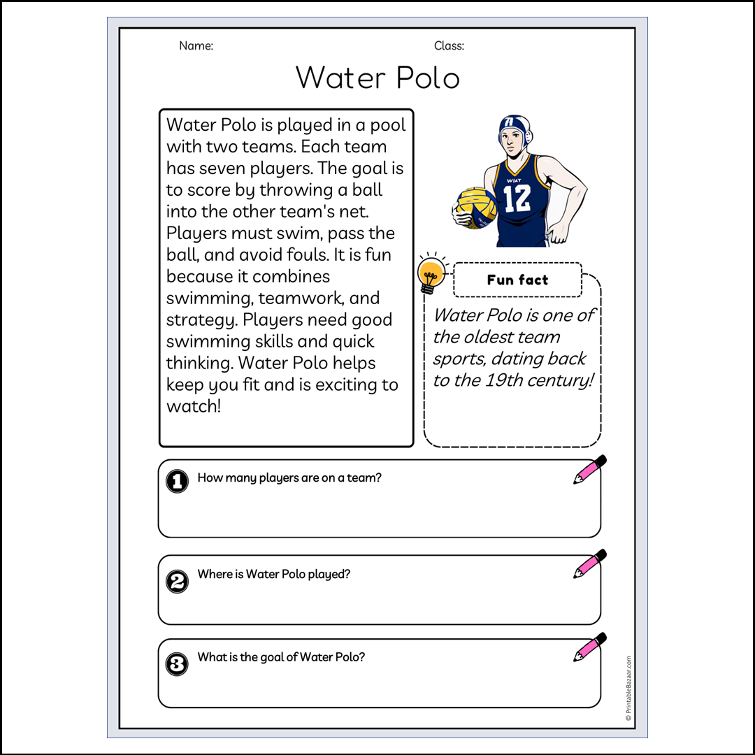 Water Polo | Reading Passage Comprehension Questions Writing Facts Worksheet