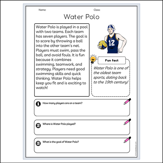 Water Polo | Reading Passage Comprehension Questions Writing Facts Worksheet