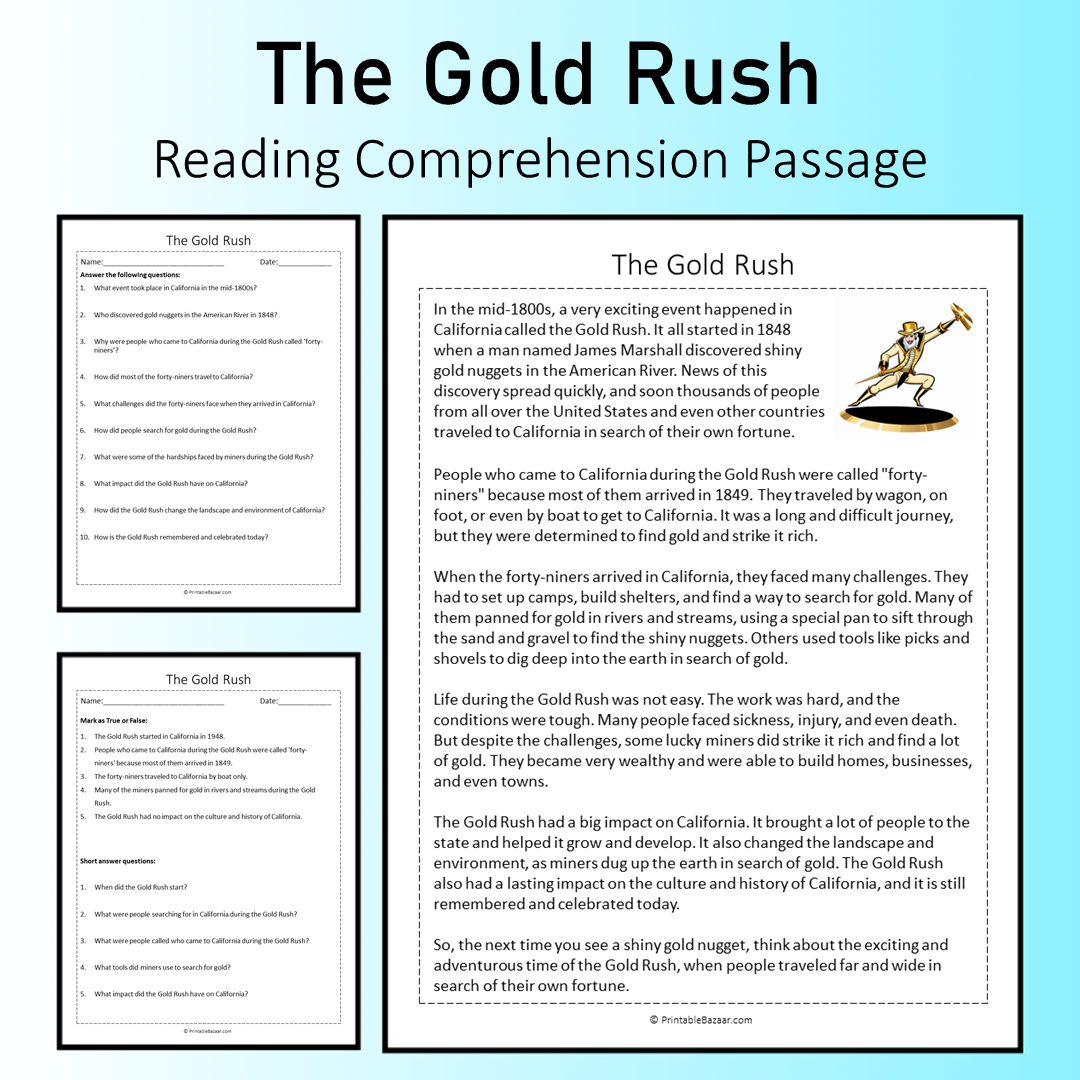 The Gold Rush | Reading Comprehension Passage Printable Worksheet