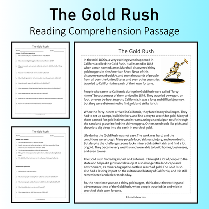 The Gold Rush | Reading Comprehension Passage Printable Worksheet