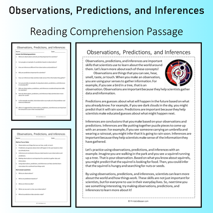Observations, Predictions, and Inferences | Reading Comprehension Passage Printable Worksheet
