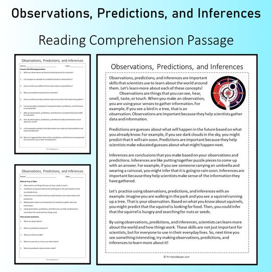 Observations, Predictions, and Inferences | Reading Comprehension Passage Printable Worksheet