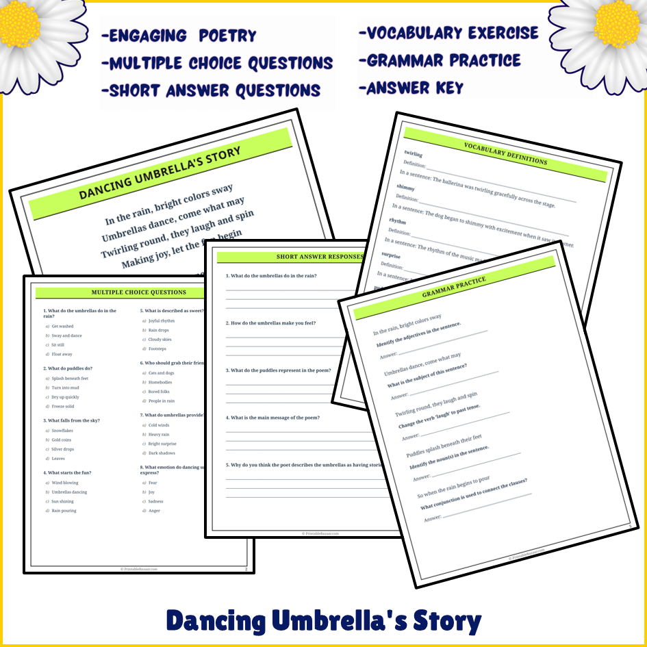 Dancing Umbrella's Story | Poem Grammar Worksheet Printable Activity