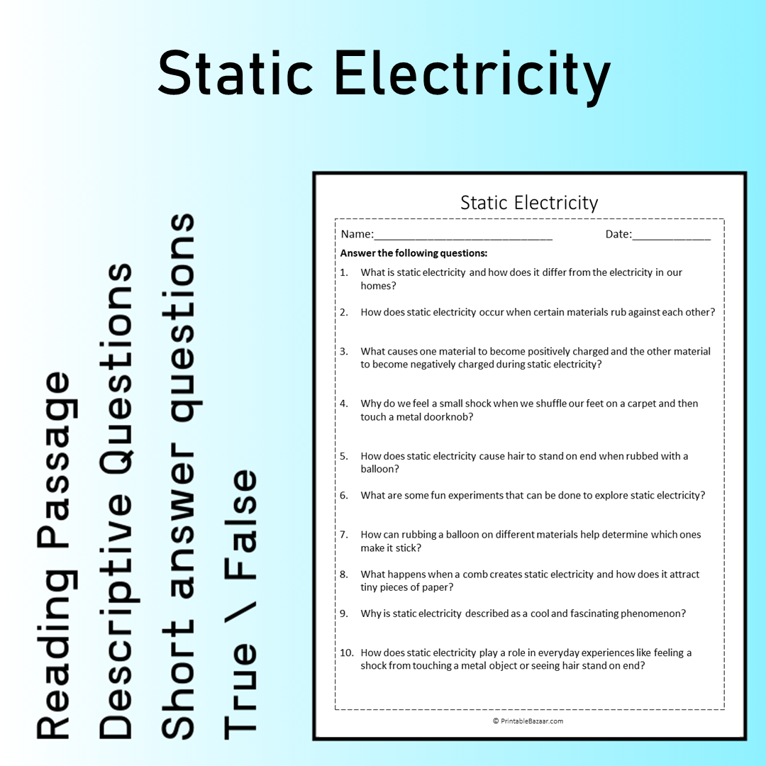 Static Electricity | Reading Comprehension Passage Printable Worksheet