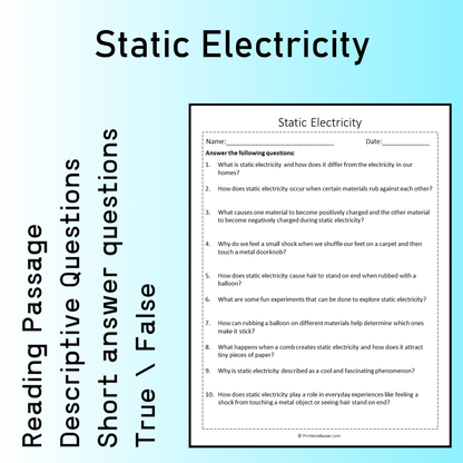 Static Electricity | Reading Comprehension Passage Printable Worksheet