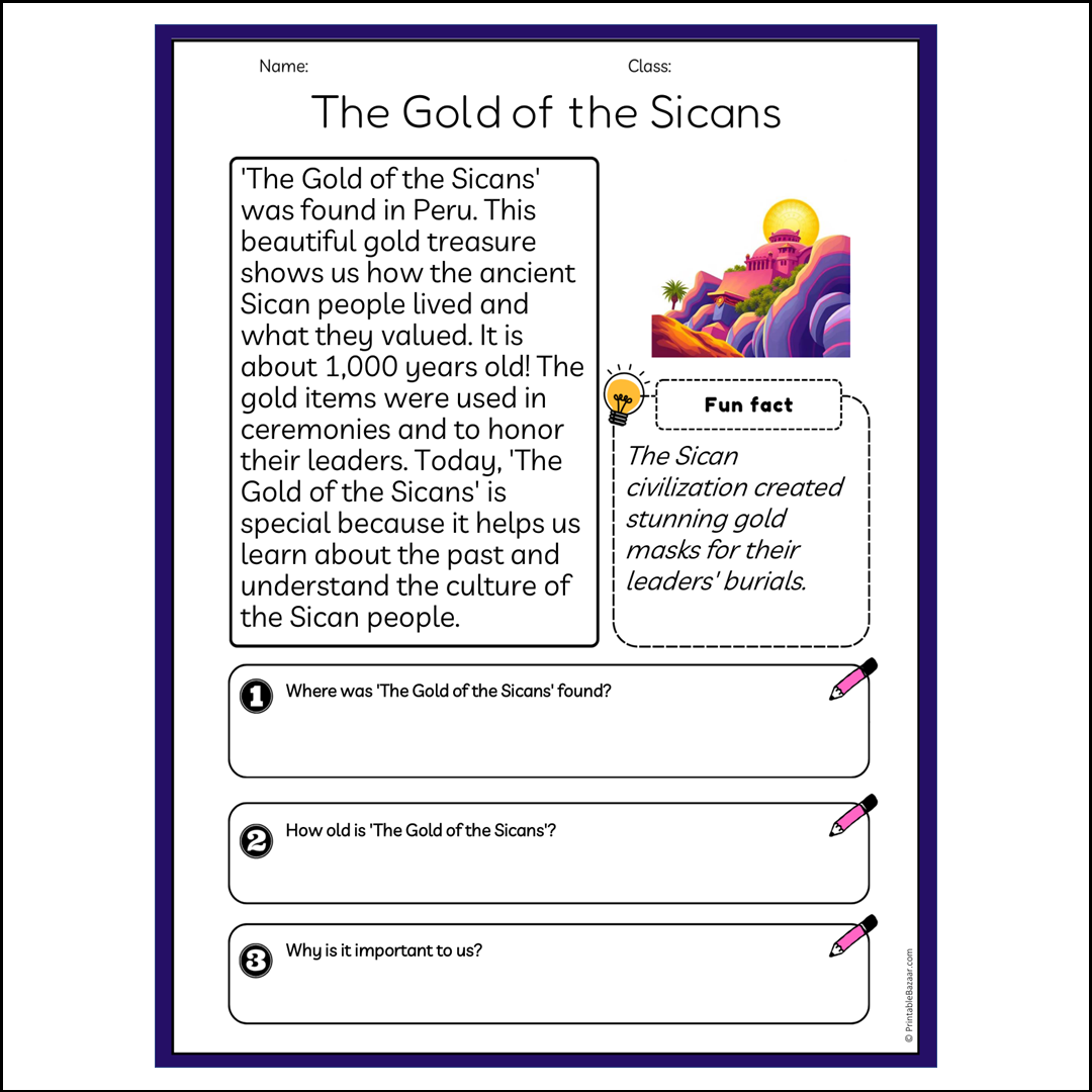 The Gold of the Sicans | Reading Passage Comprehension Questions Writing Facts Worksheet