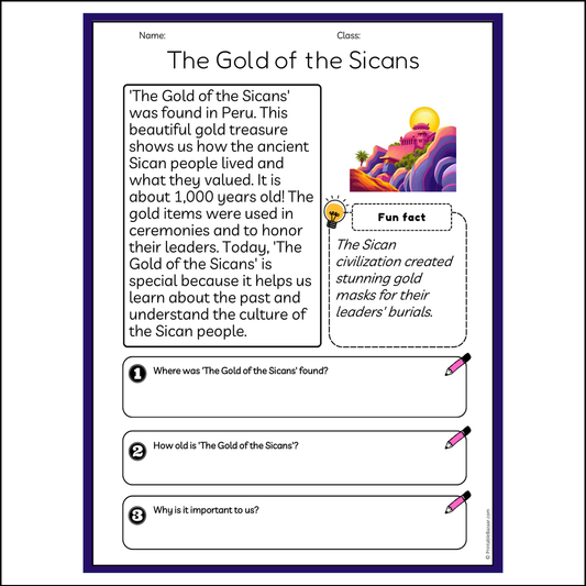 The Gold of the Sicans | Reading Passage Comprehension Questions Writing Facts Worksheet