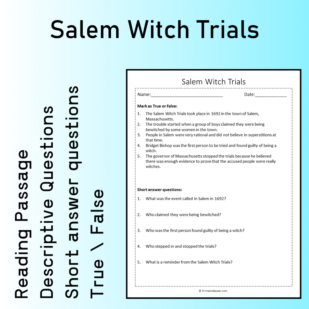 Salem Witch Trials | Reading Comprehension Passage Printable Worksheet