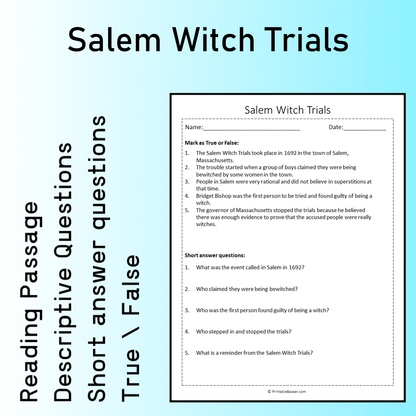 Salem Witch Trials | Reading Comprehension Passage Printable Worksheet