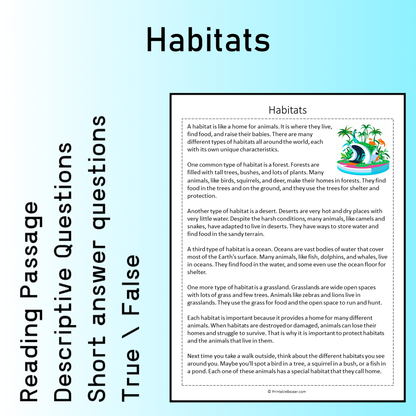 Habitats | Reading Comprehension Passage Printable Worksheet