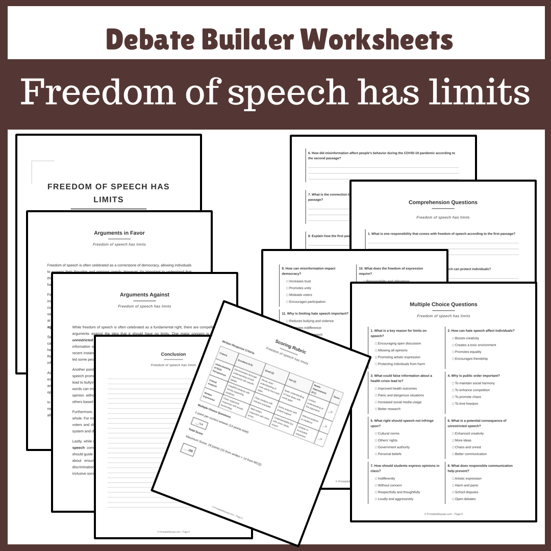 Freedom of speech has limits | Favour and Against Worksheet Printable Activity