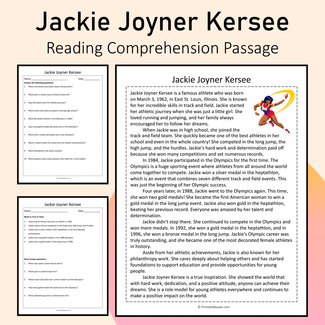 Jackie Joyner Kersee | Reading Comprehension Passage Printable Activity