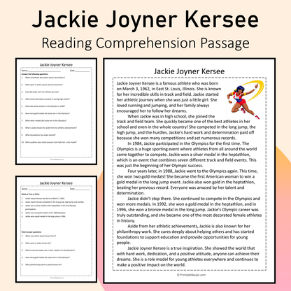 Jackie Joyner Kersee | Reading Comprehension Passage Printable Activity