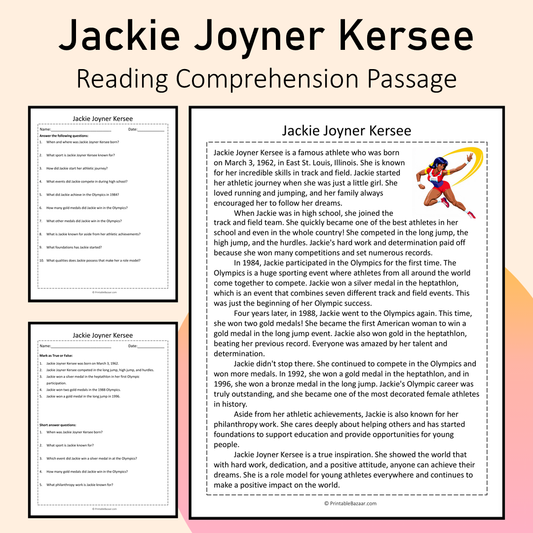 Jackie Joyner Kersee | Reading Comprehension Passage Printable Activity