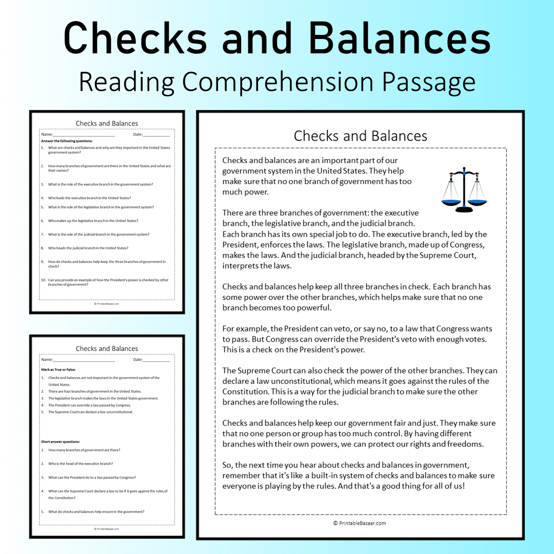 Checks and Balances | Reading Comprehension Passage Printable Worksheet