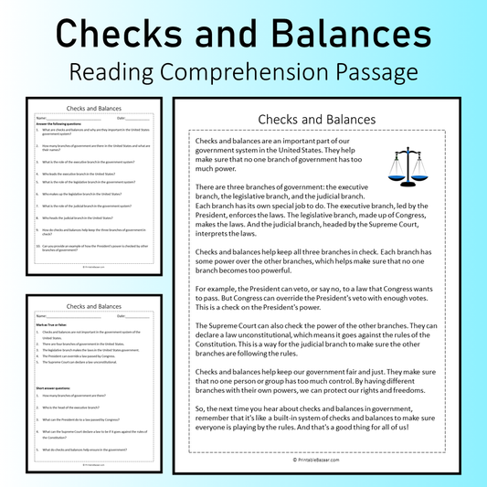 Checks and Balances | Reading Comprehension Passage Printable Worksheet