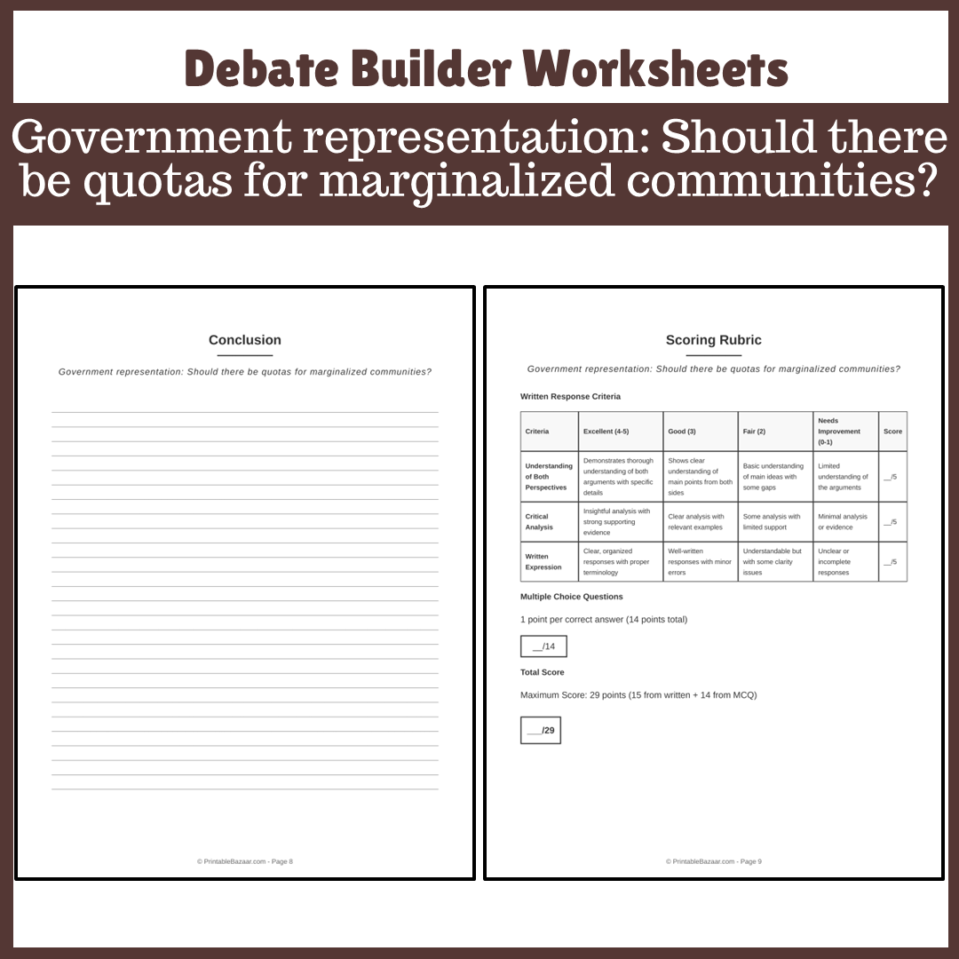 Government representation: Should there be quotas for marginalized communities? | Favour and Against Worksheet Printable Activity