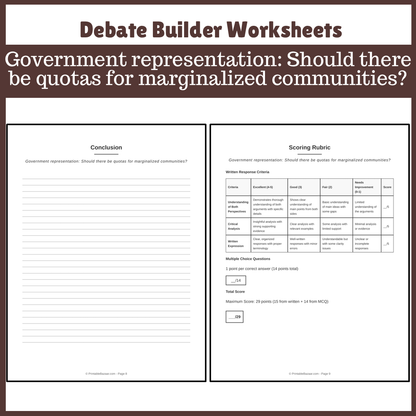 Government representation: Should there be quotas for marginalized communities? | Favour and Against Worksheet Printable Activity