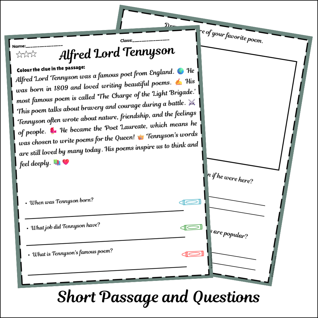 Alfred Lord Tennyson | Short Reading Comprehension Creative Worksheet