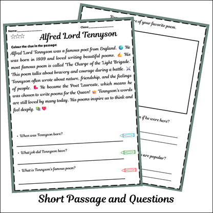 Alfred Lord Tennyson | Short Reading Comprehension Creative Worksheet