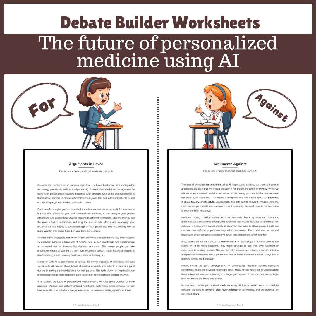 The future of personalized medicine using AI | Favour and Against Worksheet Printable Activity