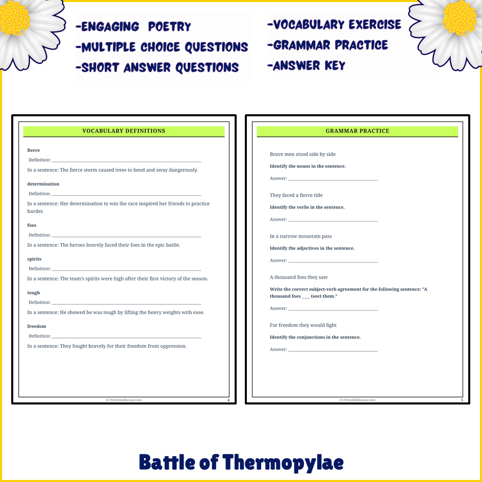 Battle of Thermopylae | Poem Grammar Worksheet Printable Activity