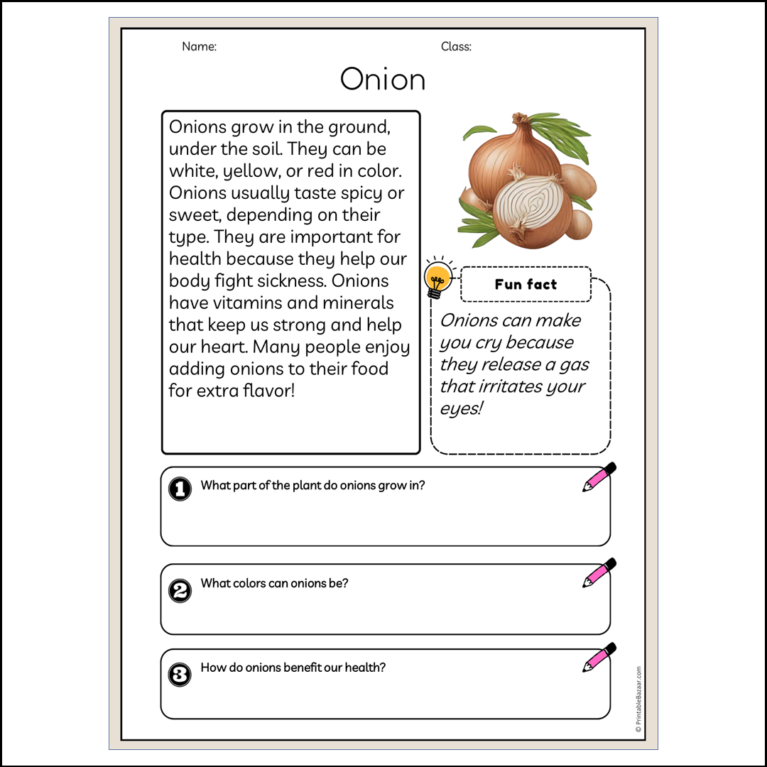 Onion | Reading Passage Comprehension Questions Writing Facts Worksheet