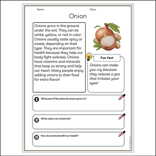 Onion | Reading Passage Comprehension Questions Writing Facts Worksheet