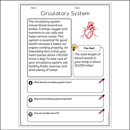 Circulatory System | Reading Passage Comprehension Questions Writing Facts Worksheet